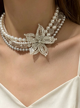 重工手作串珠花瓣多层锁骨链水晶花朵颈链磨砂珍珠choker项链配饰