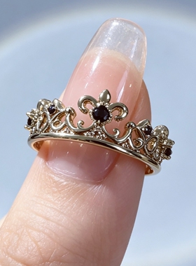 中古咖啡金复古法式黑色锆石雕花戒指小众设计感皇冠蕾丝开口指环