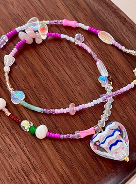 多巴胺粉紫色爱心琉璃项链手工彩绘串珠锁骨链彩色水晶颈链毛衣链