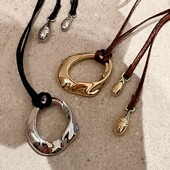 董洁同款 毛衣链小众高级感老钱风 金属凝结项链女黑绳圆环吊坠长款