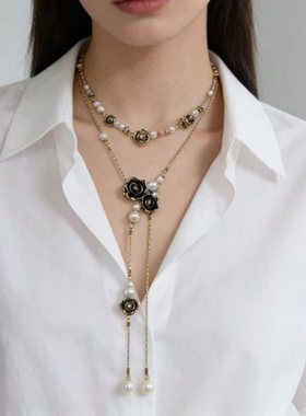 中古vintage复古玫瑰花珍珠流苏双层项链气质叠戴锁骨链毛衣链女