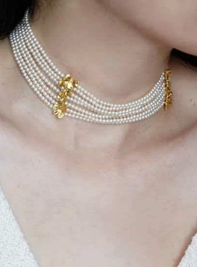 复古金属花瓣串珠叠戴颈链中古气质多层珍珠项链轻奢颈链choker女