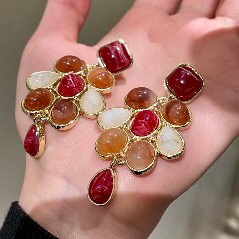 钟楚曦同款红棕琥珀色水滴树叶耳环个性夸张复古长款耳坠重工耳饰