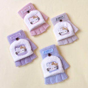 女童手套秋冬季保暖可爱加绒加厚4-10岁防寒卡通半指男孩五指手套