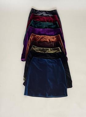 富耀姿金丝绒A字短裙防走光酒红紫黑祖母绿孔雀蓝焦糖咖啡军绿色