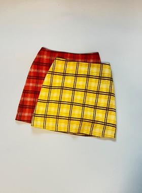 富耀姿橘红黄色羊毛尼格子半身短裙A字裙防走光通勤OL花苞包裙