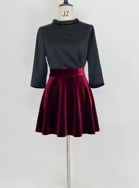 富耀姿酒红丝绒高腰伞裙短裙伞裙A字裙紫色军绿孔蓝半裙秋冬黑裙