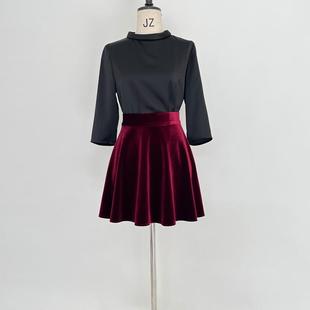 富耀姿酒红丝绒高腰伞裙短裙伞裙A字裙紫色军绿孔蓝半裙秋冬黑裙