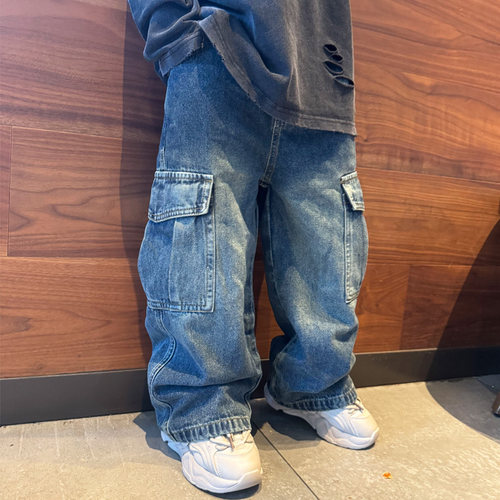 男童直筒阔腿牛仔工装裤子