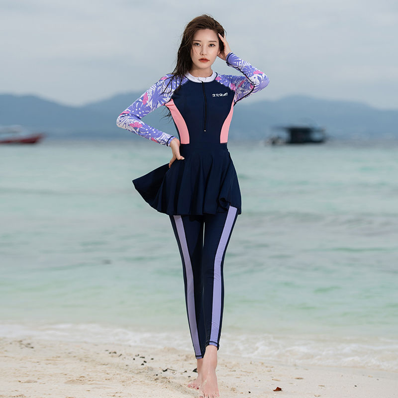 泳衣女连体长袖长裤保守防晒大码可拆卸裙式显瘦浮潜冲浪游泳衣
