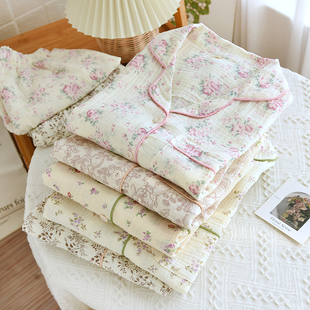 加肥加大家居服套装 双层纯棉纱布睡衣女春秋长袖 薄款 全棉夏季 开衫