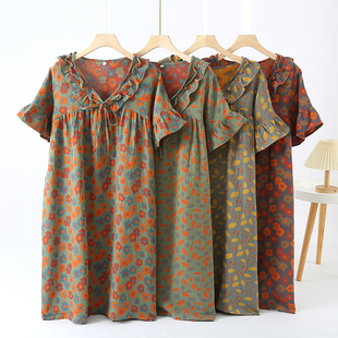 新款纯棉纱布睡裙女夏季全棉短袖连衣裙宽松外穿薄款睡衣家居裙子