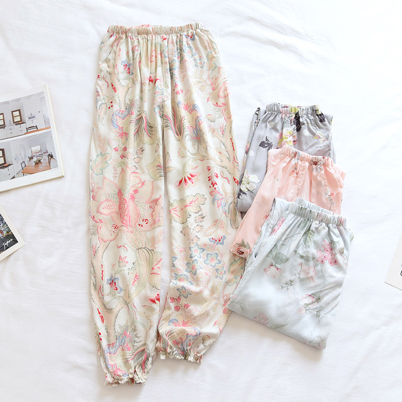 棉绸睡裤女长裤夏季薄款纯棉绵绸防蚊灯笼裤外穿人造棉春秋家居裤