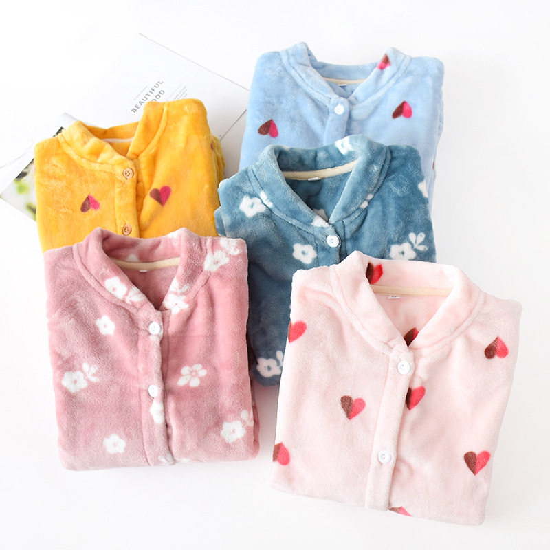 无领冬天珊瑚绒保暖开衫外套睡衣