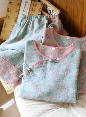 国风双层纯棉纱布睡衣女春秋夏薄款全棉新中式九分袖九分裤家居服