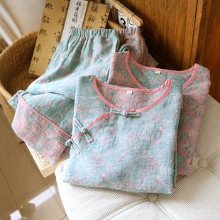 国风双层纯棉纱布睡衣女春秋夏薄款全棉新中式九分袖九分裤家居服