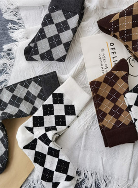 秋冬菱形格中筒袜子女ins潮韩国春秋季纯棉韩版长袜日系复古长筒