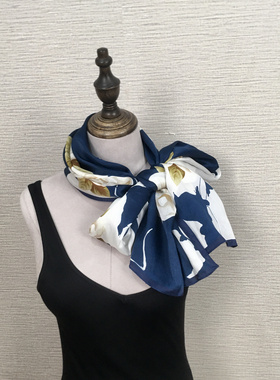 品牌款～蓝色茉莉特惠款素绉缎52*172cm真丝长巾单面印花