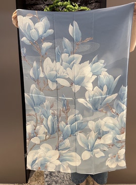 玉兰花开 12姆米素绉缎190*63cm长巾手工卷边单面印花披肩瑕疵款