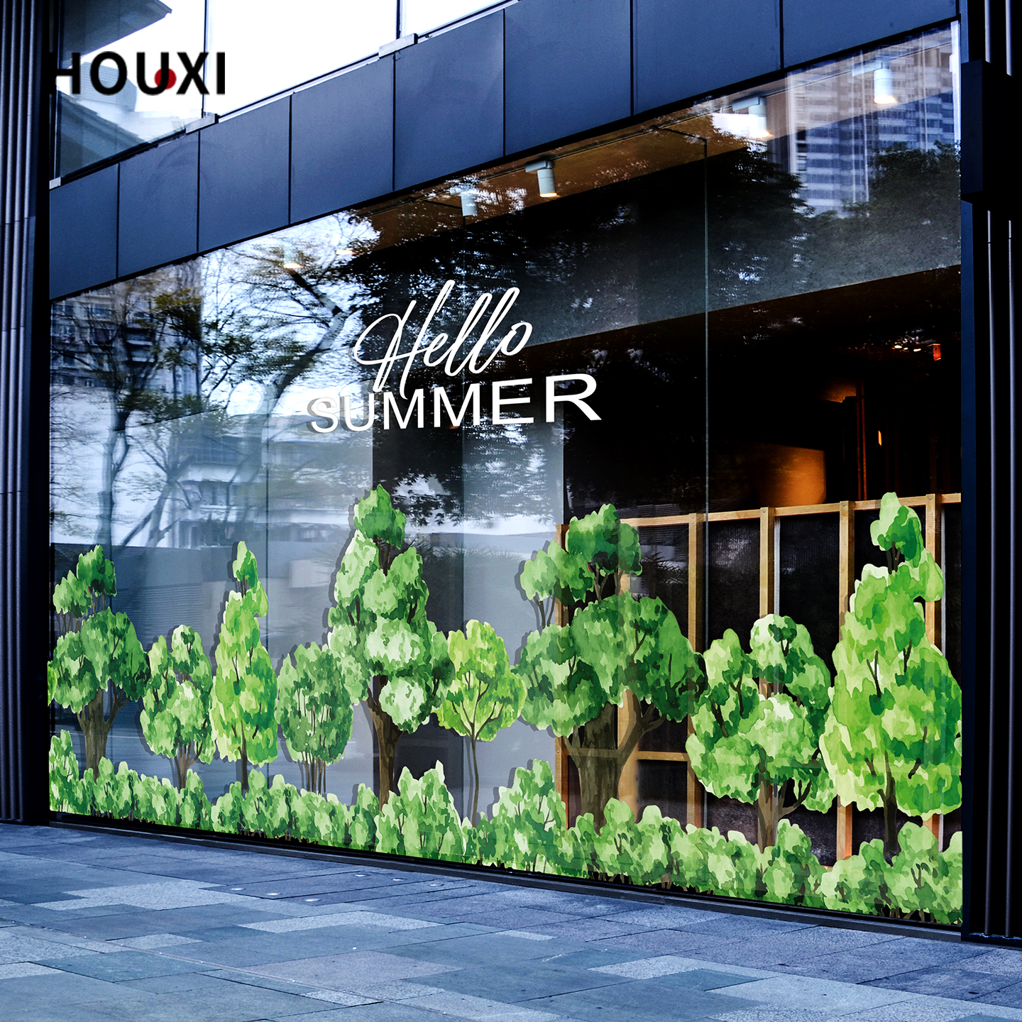 水彩树林橱窗玻璃贴纸餐厅酒店布置绿植主题美化隔断装饰无胶贴画图片