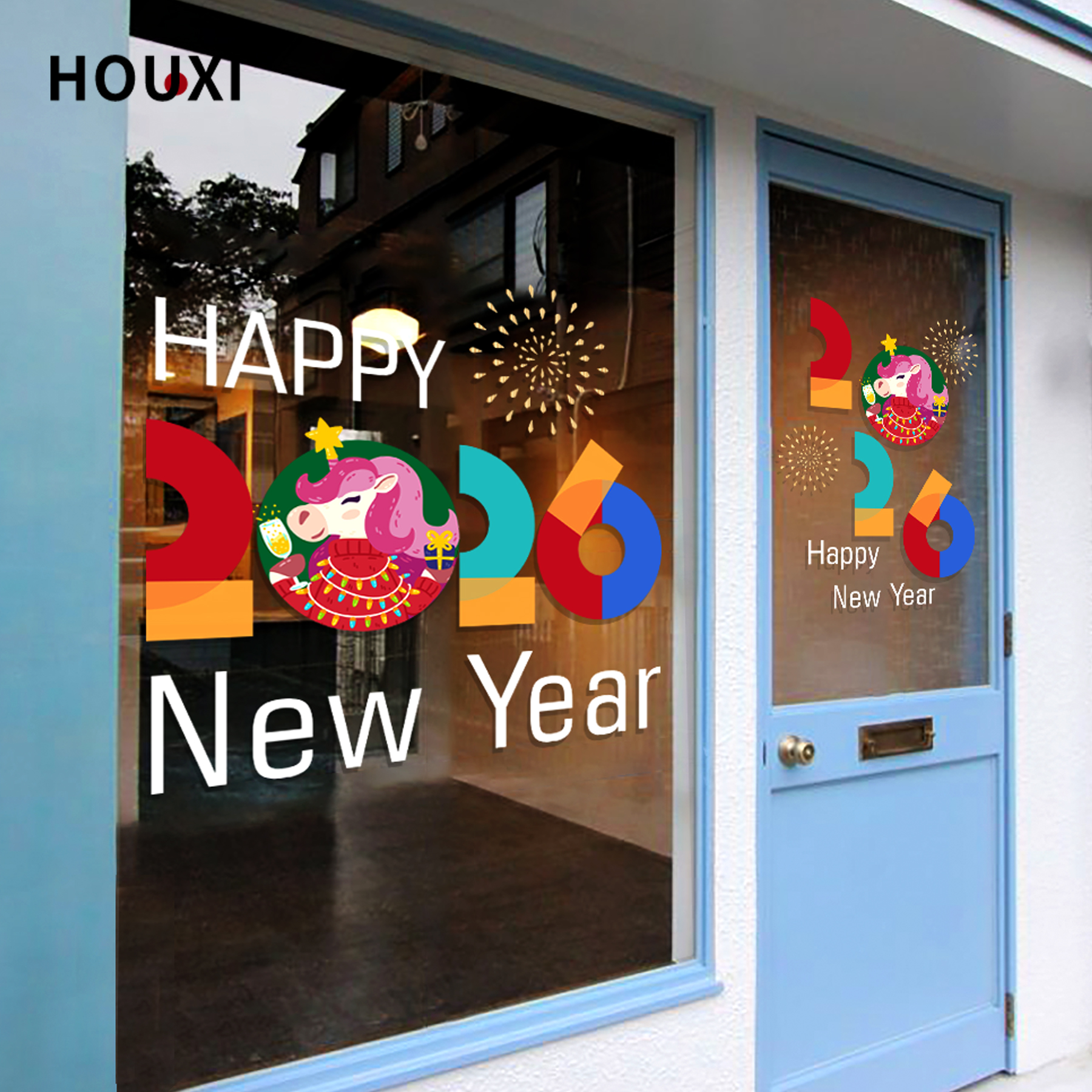 2026年小马驹新年快乐装饰玻璃贴