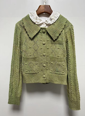 商场同款2025早秋新款时尚娃娃领针织开衫女绿色菱格短款毛衣外套