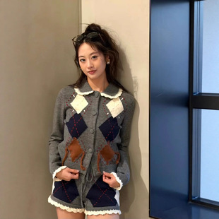 外套 复古学院风手工提花菱形格纹针织开衫 拉家同款 2026早春新款