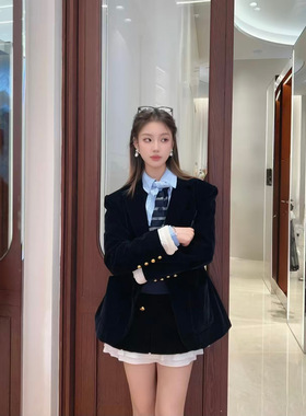 拉家同款2025冬季新款藏蓝色老钱风廓形收腰显瘦丝绒西装领外套