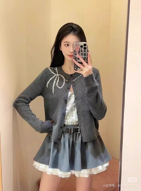 赵露思同款2025秋季新款超百搭灰色黑色亮钻蝴蝶结针织开衫上衣女