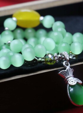 油菜花女猫眼石玉石双圈绿色手链