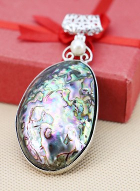 鲍鱼贝椭圆形镶嵌珍珠颈链吊坠