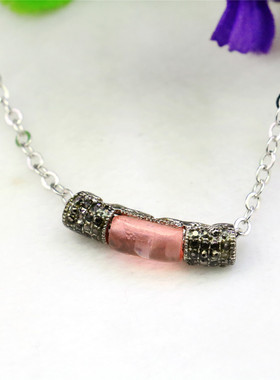 天然油菜花猫眼石合金女粉色项链