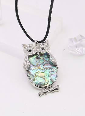 猫头鹰项链油菜花贝壳天然皮绳女