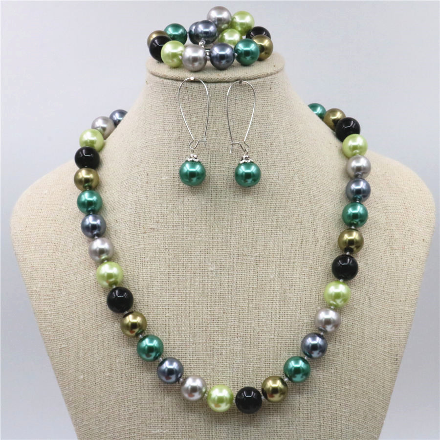 12mm圆形多彩玻璃珍珠项链手链耳环首饰套装 锁骨链复古毛衣链女