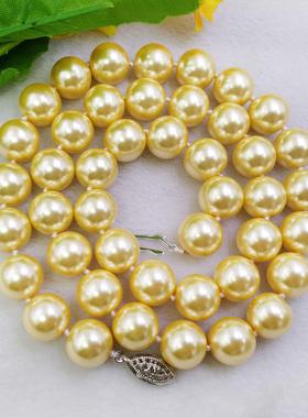 12mm偏大圆珠金色玻璃珍珠项链女