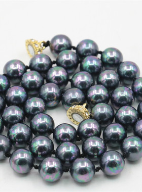 油菜花贝壳珍珠圆珠女黑彩色项链