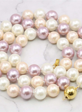 8mm白粉紫圆珠天然贝壳项链 母贝项饰配金地雷扣锁骨链女节日礼物