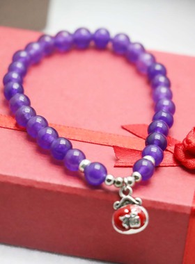 油菜花女玉髓玉石紫晶圆珠手链