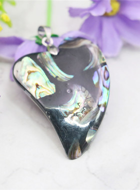 32X44mm天然黑幻彩弯曲心形鲍鱼贝壳吊坠 DIY首饰母贝挂件送妈妈