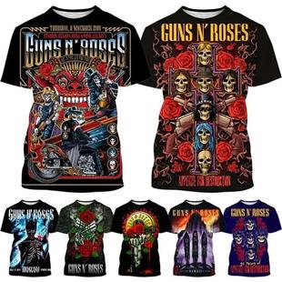 厂家直销2024新款枪与玫瑰 Guns N Roses 3D乐队印花T恤欧美街头