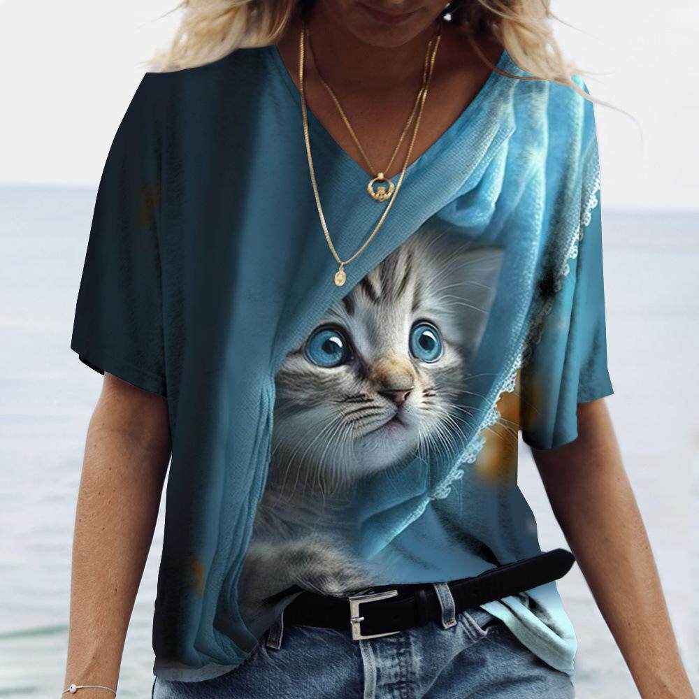 2024新款猫咪3D数码印花女士V领T