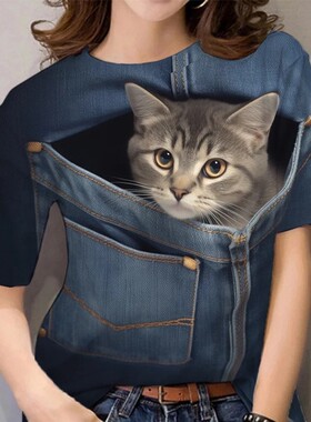 来图定制速卖通跨境外贸欧美女士圆领T恤猫咪3D数码印花短袖T恤