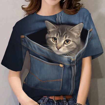 来图定制速卖通跨境外贸欧美女士圆领T恤猫咪3D数码印花短袖T恤
