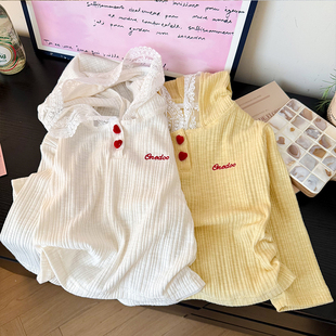 宽松长袖 女宝韩版 T恤春秋百搭休闲上衣 新款 女童连帽花边打底秋装