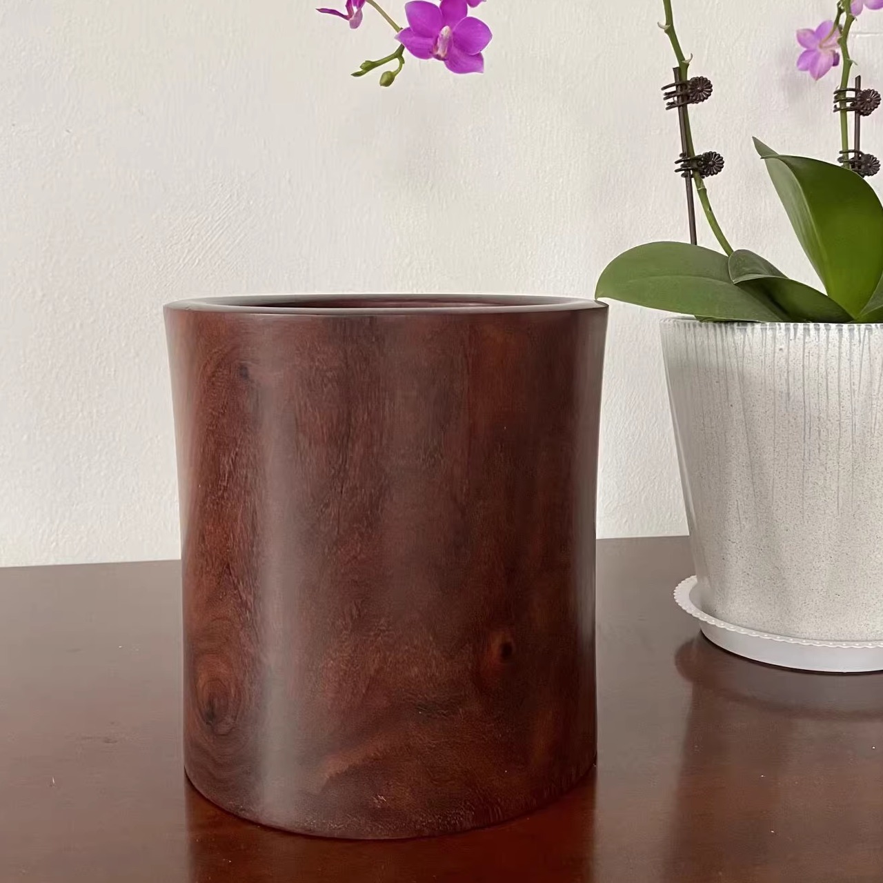 小叶紫檀大号笔筒整木挖空毛笔收纳筒实木笔插文房四宝桌面摆件