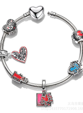 红色线条桃心和狗狗魅力手链女DIY时尚奔跑的人合金串珠手链