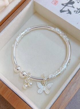 繁花似锦手镯女 挂铃铛蝴蝶镀999纯银手环圆珠开口蝶恋花镯子礼物