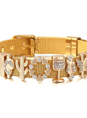 DIY微镶蝴蝶手链 春季新款10mm不锈钢手表带式情侣手链