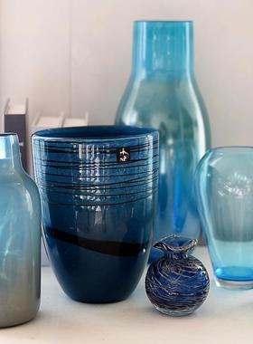 蓝色人工吹制玻璃艺术花瓶家居装饰品摆件F2-1