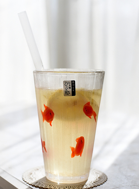 出口日本红鱼创意冷水饮料柠檬水杯玻璃本色人工吹制420ml不耐热